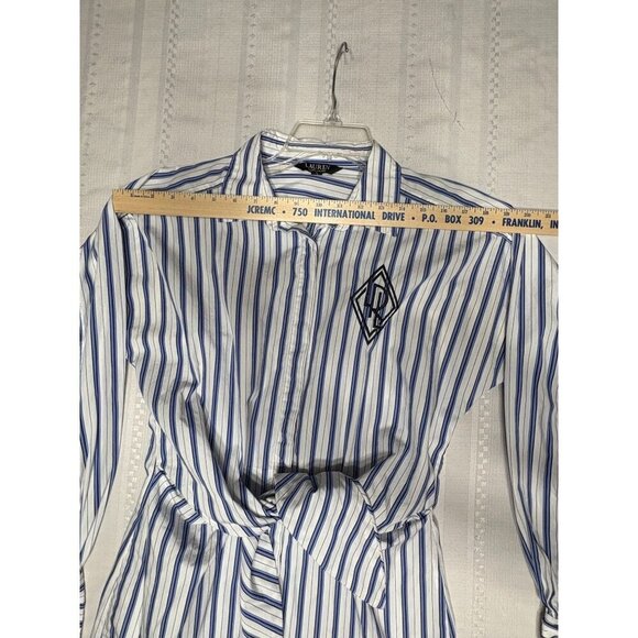 Lauren Ralph Lauren Broadcloth Blue White Striped Shirt Dress Tie  Embroidered 8 - Picture 5 of 12